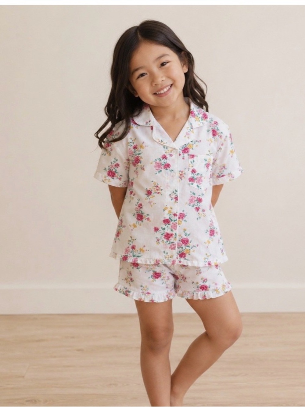2pc Mommy and me Girls Floral Pajama Set White Pink Button Front Ruffle Shorts